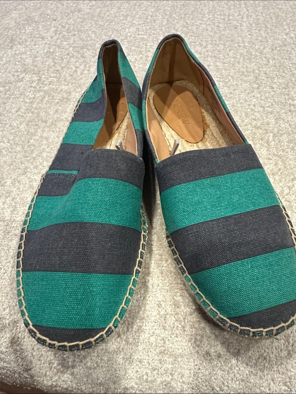 J. Crew Green and Navy Striped Espadrilles